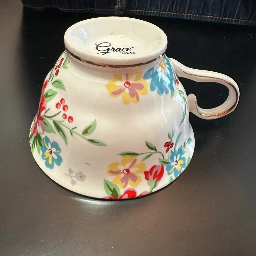 Grace Teaware Floral Teacup Saucer Set Gold Trim Vintage Style Bone China